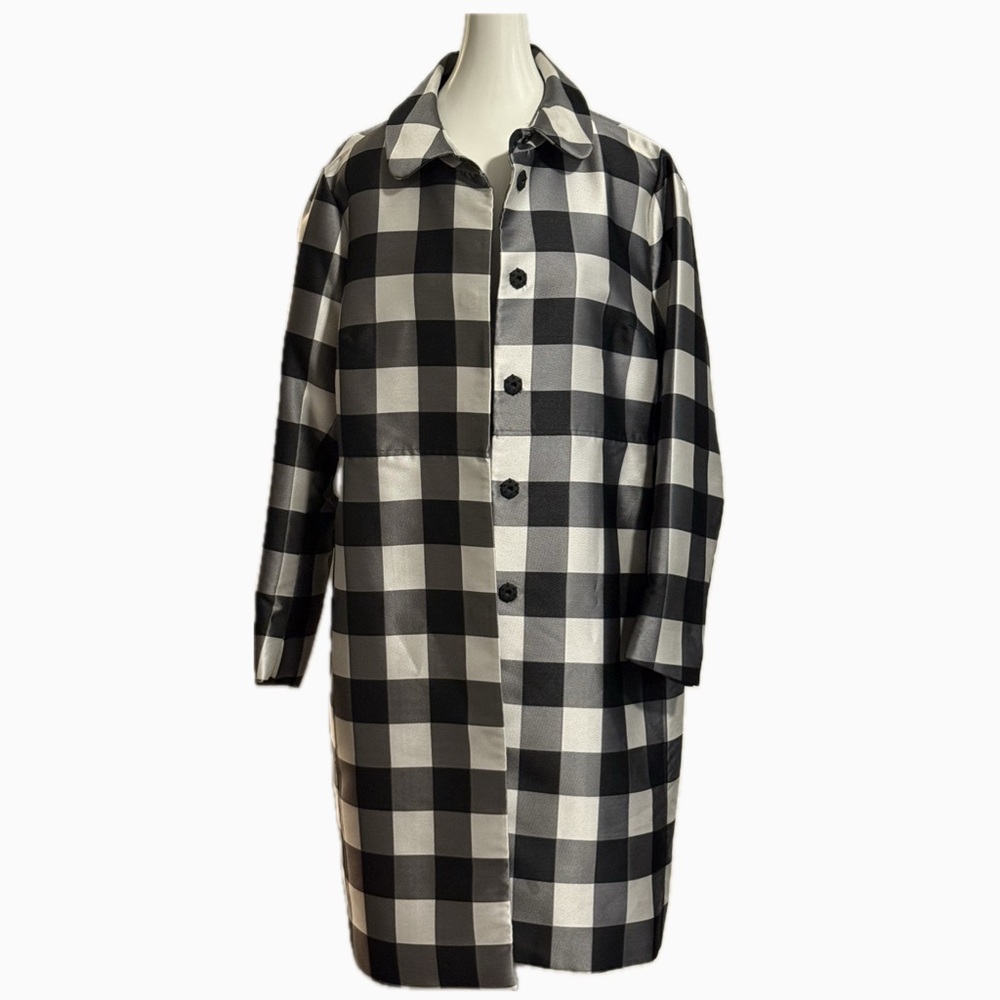 ANNE KLEIN Black & White Snap button front Checkered Trench Overcoat